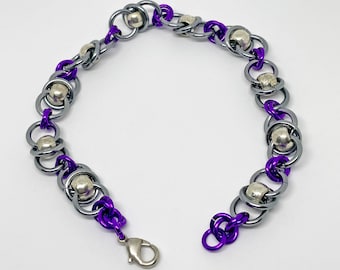 Silver and Violet Chainmaille Bracelet with Pewter Beads
