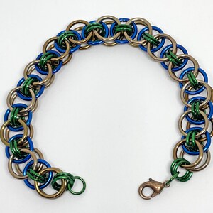 Helm Weave Chainmaille Bracelet in Bronze, Blue, and Green