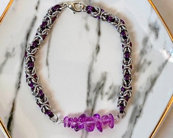 Byzantine Chainmaille Bracelet with Purple Stone Chips