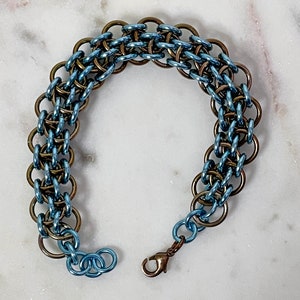 Dragonsteps Chainmaille Bracelet in Bronze and Sky Blue image 1
