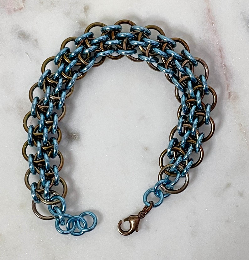 Dragonsteps Chainmaille Bracelet in Bronze and Sky Blue image 1