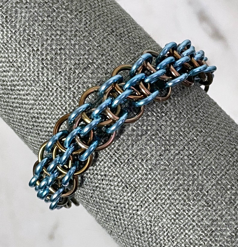 Dragonsteps Chainmaille Bracelet in Bronze and Sky Blue image 2