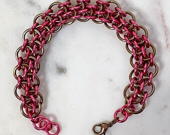Dragonsteps Chainmaille Armband in Bronze und Pink