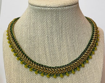 Green and Gold Beaded Dragonback Chainmaille Necklace