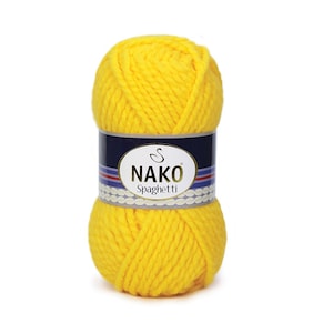 May include: A ball of bright yellow yarn labelled "NAKO Spaghetti" yarn.