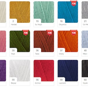 May include: A color chart of yarn samples in various colors, including cream, mustard, aqua, turquoise, gray, pink, green, brown, orange, blue, purple, white, red, navy, and black. The chart is labeled with numbers and color names in Turkish.
