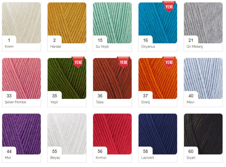 May include: A color chart of yarn samples in various colors, including cream, mustard, aqua, turquoise, gray, pink, green, brown, orange, blue, purple, white, red, navy, and black. The chart is labeled with numbers and color names in Turkish.