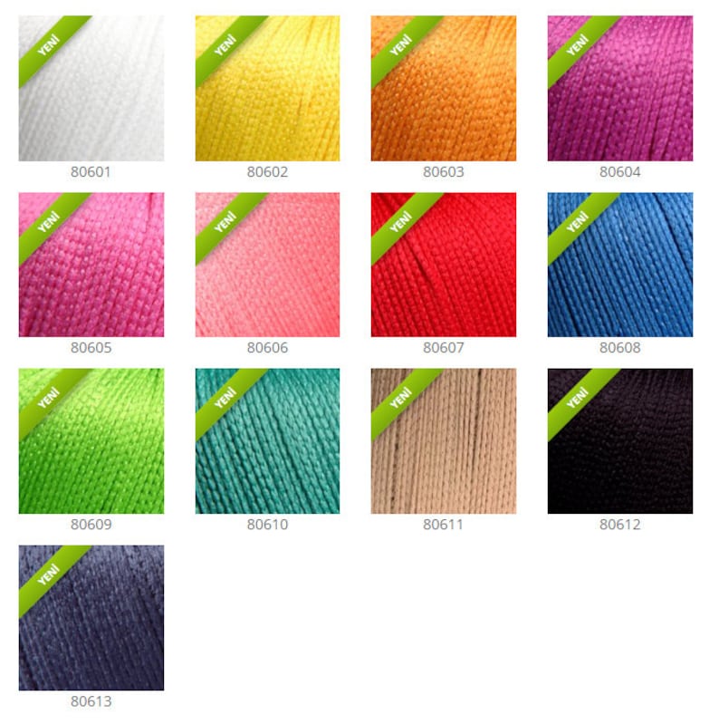 May include: A collection of 13 yarn skeins in various colors, including white, yellow, orange, pink, red, blue, green, teal, beige, black, and gray. Each skein has a label with the word "Yeni" and a number.
