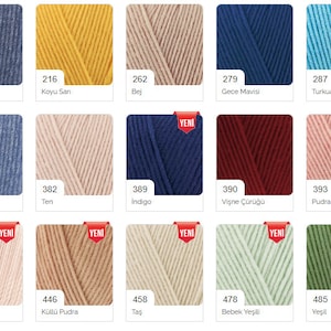 May include: A color chart of yarn samples in various shades of blue, red, green, yellow, beige, pink, and brown. The chart includes the yarn color number and name in Turkish.