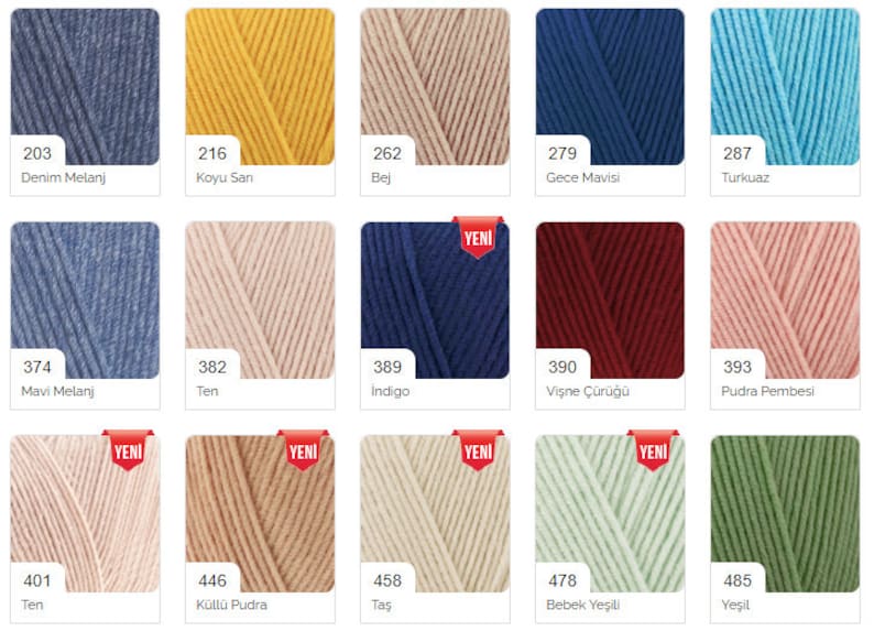 May include: A color chart of yarn samples in various shades of blue, red, green, yellow, beige, pink, and brown. The chart includes the yarn color number and name in Turkish.