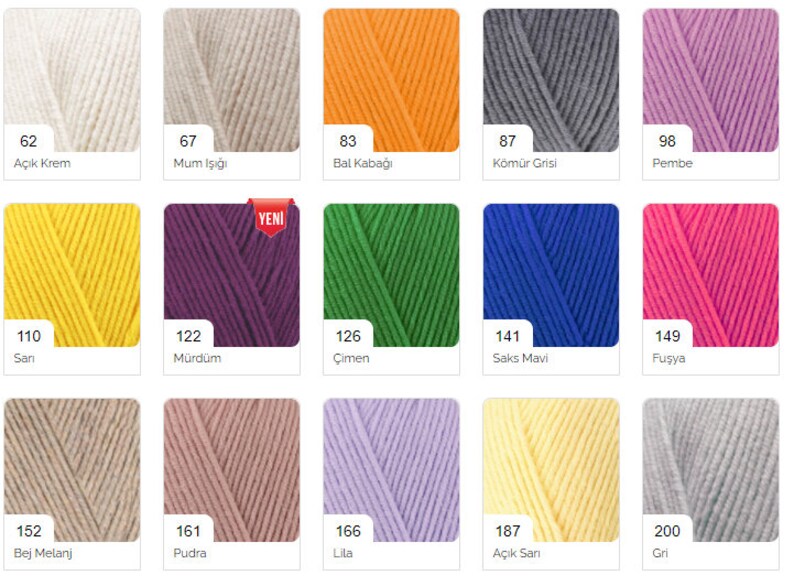 May include: A color chart of yarn samples with numbers and names in Turkish. The colors include white, cream, yellow, orange, green, blue, purple, pink, beige, gray, and lilac.
