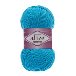 May include: A ball of bright blue cotton yarn with a label that reads "cotton club alize Cotton Gold"