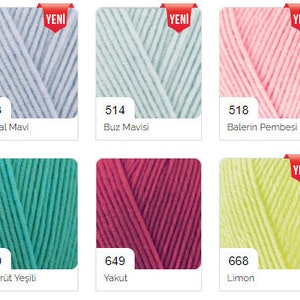 May include: A color chart of yarn samples in various colors, including brown, blue, green, pink, and white. The yarn is labeled with numbers and Turkish names for each color.