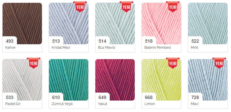 May include: A color chart of yarn samples in various colors, including brown, blue, green, pink, and white. The yarn is labeled with numbers and Turkish names for each color.