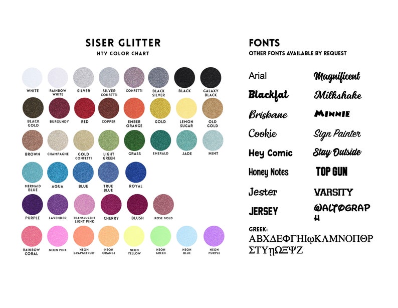 May include: A color chart of Siser Glitter HTV (heat transfer vinyl) with 36 different colors. The chart includes a variety of colors, including black, white, red, blue, green, and gold. The chart also includes a list of fonts that are available for use with Siser Glitter HTV.