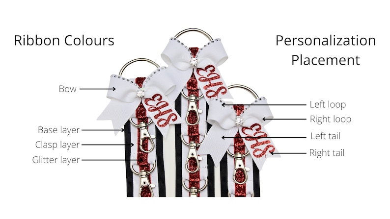 May include: Three white and red striped keychains with a white bow and a red glitter 'EHS' on each. The bow has a rhinestone in the center. The keychains are shown with different personalization placement options: left loop, right loop, left tail, and right tail.