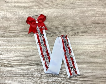 Personalized Cheer Bow Holder – 10-Clasp Short Ribbon Organizer with Rhinestone Adorned Small Accent Bow