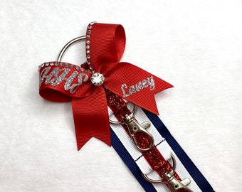 Personalized Cheer Bow Holder - 20-clasp Long Ribbon Organizer with Rhinestone Adorned Small Accent Bow