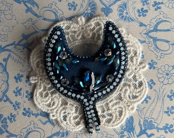 Blue moon brooch, beaded embroidery brooch, velvet moon brooch