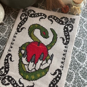 Serpent and Apple Cross Stitch Pattern, witchy, snake, gothic decor, gothic art, serpent, spooky, occult, witch, witchcraft, Halloween