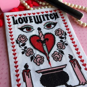 Love Witch cross stitch, cross stitch pattern, Halloween, goth decor, witch