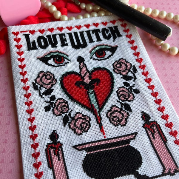 Love Witch cross stitch, cross stitch pattern, Halloween, goth decor, witch