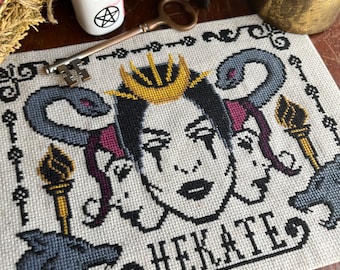 Hekate cross stitch, goddess, cross stitch pattern, witchcraft, goth decor, Halloween, Hekate