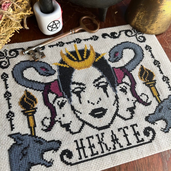 Hekate cross stitch, goddess, cross stitch pattern, witchcraft, goth decor, Halloween, Hekate