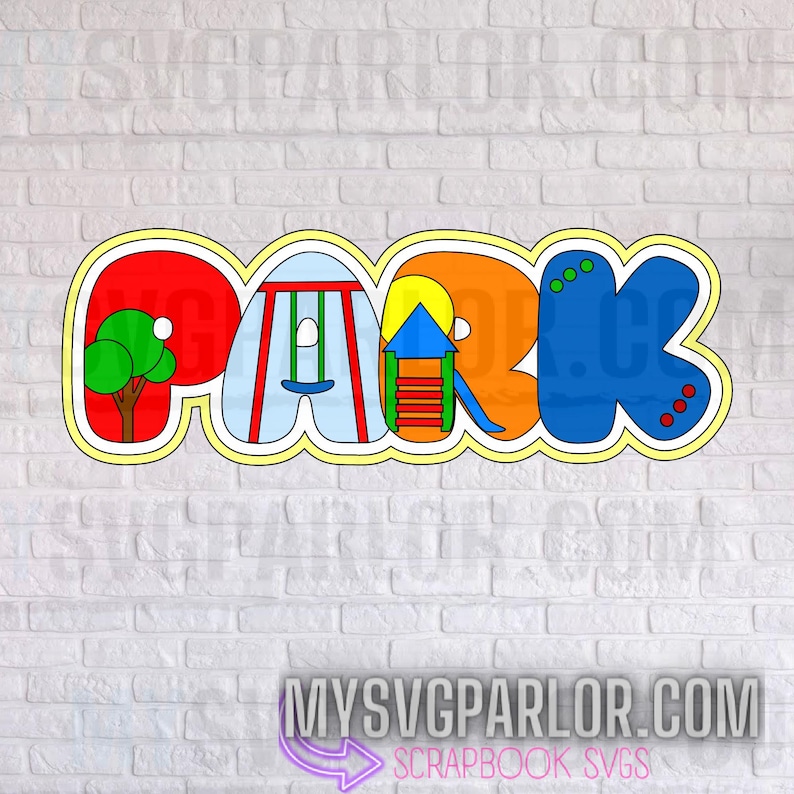 May include: A colorful, cut-out design of the word "PARK" with images of a swing set, a slide, a tree, and a small house. The design is perfect for a children's room or play area.