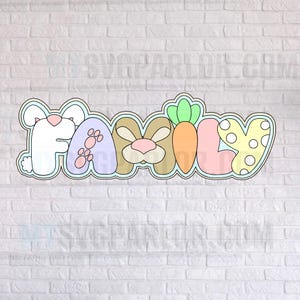 May include: A colorful, whimsical "FAMILY" cutout, perfect for Easter. The letters are designed with bunny and carrot motifs. The "F" is a white bunny, the "A" has paw prints, the "M" is a bunny face, the "I" is a carrot, and the "Y" has yellow polka dots.