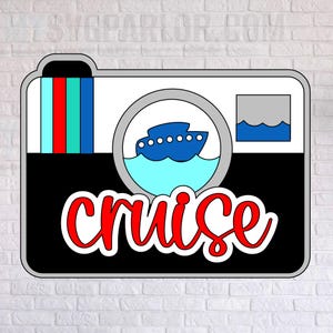 May include: A graphic illustration of a camera featuring a cruise ship icon inside the lens, with vertical stripes in light blue, red, and teal on the left. The word cruise is written in red cursive script across the bottom black section.