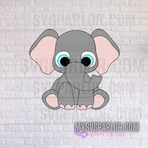 Può includere: Un elefante grigio con orecchie rosa e occhi blu è seduto con le gambe incrociate. L'elefante è un'illustrazione di cartone animato.