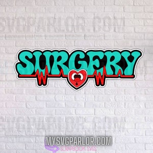 Op de afbeelding: Een turquoise blauwe en zwarte grafiek met het woord "SURGERY" in een retro-lettertype. Een rood hart met een witte omtrek en een rode traan bevindt zich in het midden van een rode en witte hartslaggrafiek.