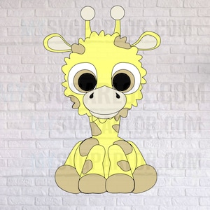 Peut inclure: Une girafe de dessin animé avec de grands yeux et un corps tacheté jaune et brun. La girafe est assise les jambes croisées et a une expression amicale.