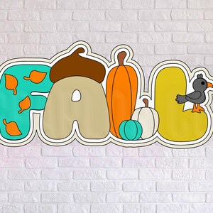 Może przedstawiać: Kolorowy projekt w jesiennym stylu z napisem "FALL" w dużych, bąbelkowych literach. "F" jest turkusowe z pomarańczowymi liśćmi, "A" jest beżowe z brązowym żołędziem, a "L" jest żółte z czarnym ptakiem. W zestawie również dynie.