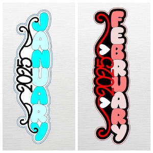 SVG 2025 Kalender Monate Set 12 Dateien Schneidedateien Titelset Bundle Slimline Vertikal Design für Scrapbooking Karten und mehr Download Datei nur