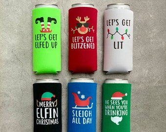 Christmas Party Slim Seltzer Can Coolers Sleigh All Day Elfed Up Get Lit Blitzened He Sees You When You’re Drinking