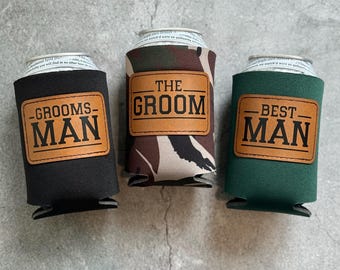 Leather Patch Groom Best Man Groomsman Bachelor Party Can Coolers Father of the Bride Groom