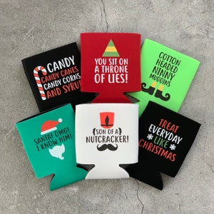 Set of 6 Christmas Party Favor Can Coolers Cotton Headed Ninny Muggins You Sit on a Throne of Lies Son of a Nutcracker
