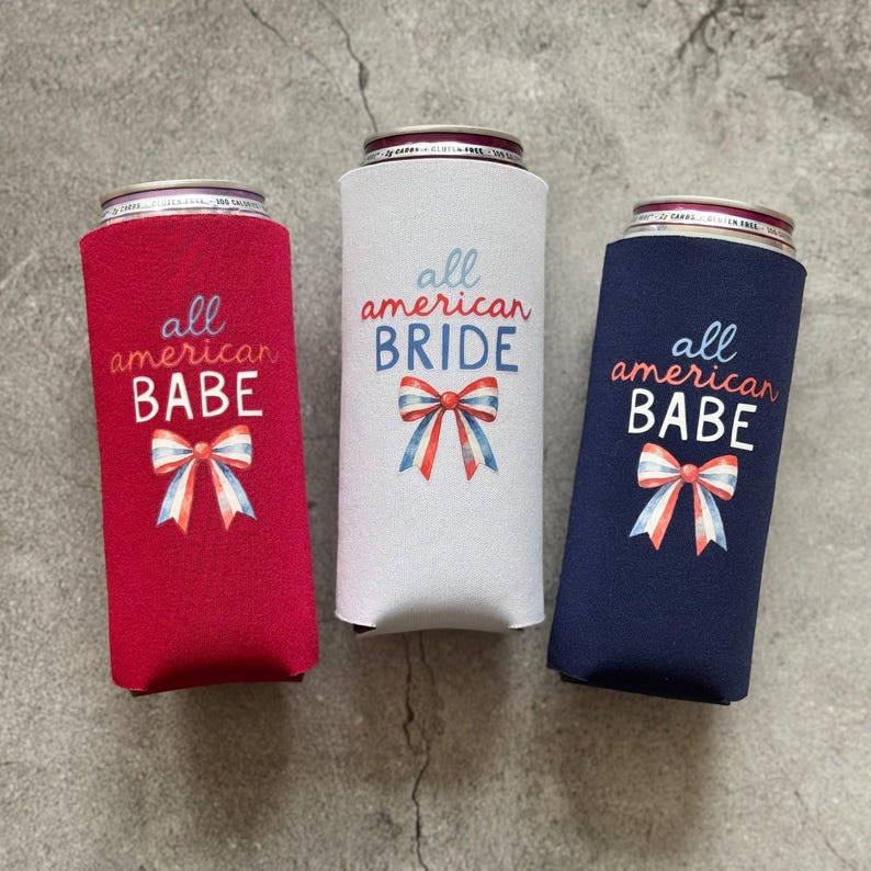 All American Bride All American Babe Bow Bachelorette Party Slim Can Coolers 4th of July Red & Navy w/ 1 Wht