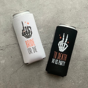 Halloween Bachelorette Bride or Die and Til Death Do Us Party Slim Seltzer Can Coolers