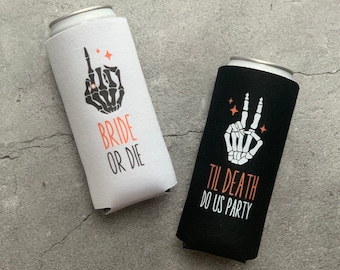 Halloween Bachelorette Bride or Die and Til Death Do Us Party Slim Seltzer Can Coolers