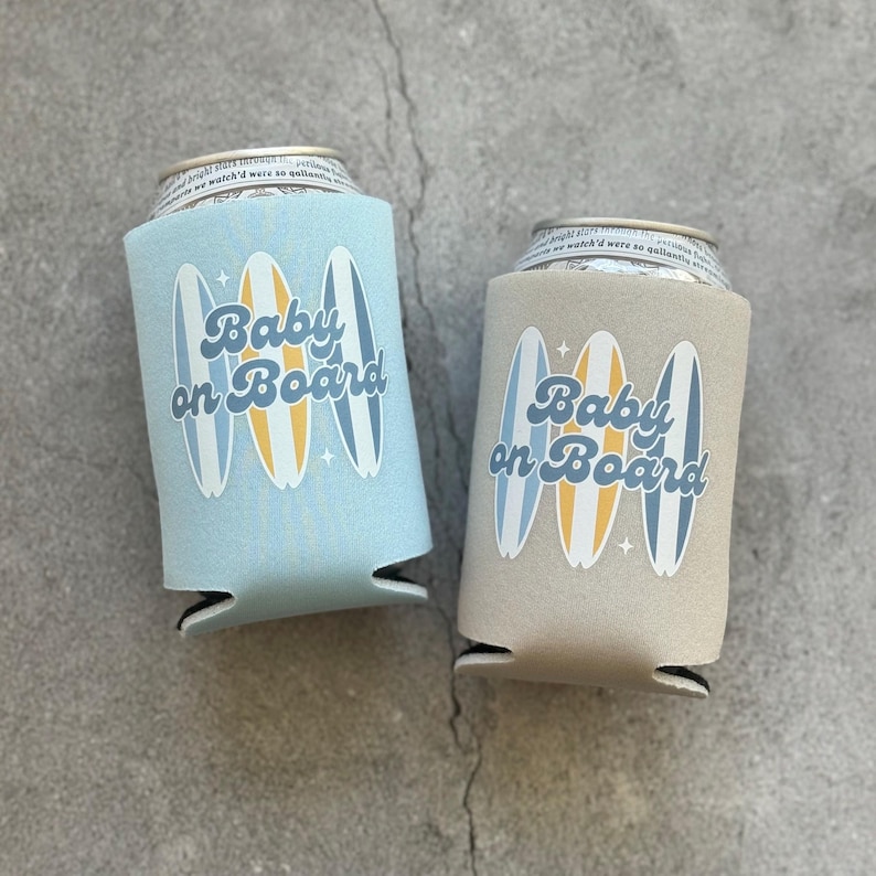 Baby on Board Retro Surfboard Baby Boy Baby Shower Can Coolers