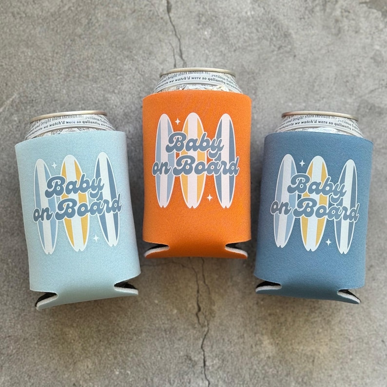 Baby on Board Retro Surfboard Baby Boy Baby Shower Can Coolers