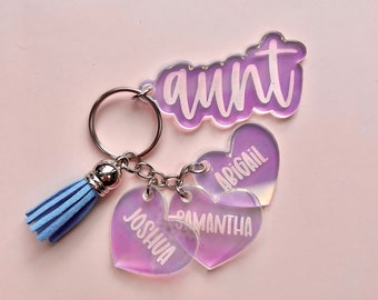 Custom Iridescent Acrylic Keychain: Aunt, Grandma, Nana - Personalized Kids Names