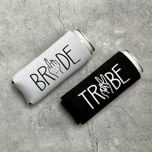 Bride Tribe Ring Finger Hand Peace Sign Slim Seltzer Can Coolers