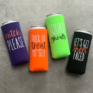 Halloween Party Favor Slim Seltzer Can Coolers Sheet Faced Witch Please Squad Ghouls Trick or Treat Yoself