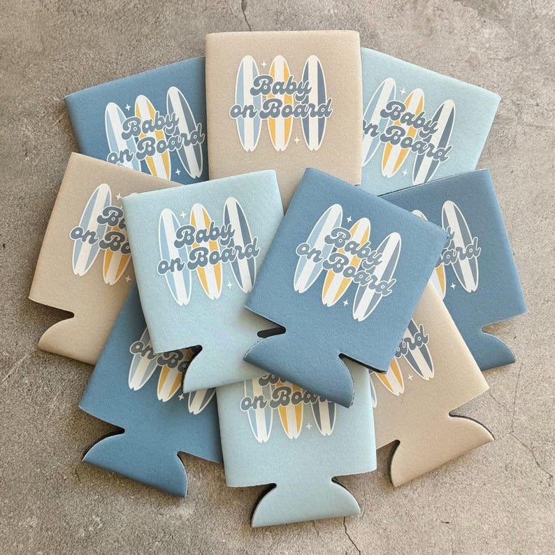 Baby on Board Retro Surfboard Baby Boy Baby Shower Can Coolers