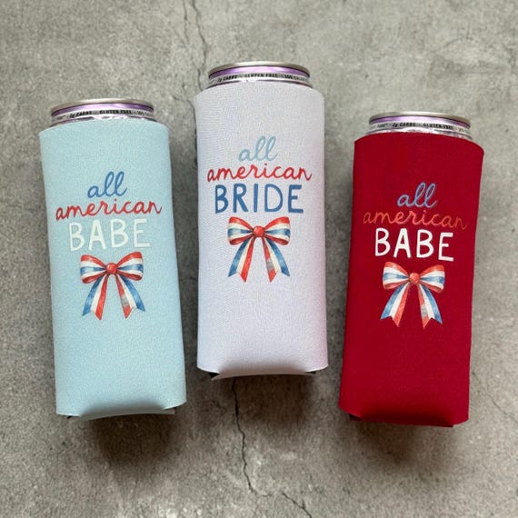 All American Bride All American Babe Bow Bachelorette Party Slim Can Coolers 4th of July