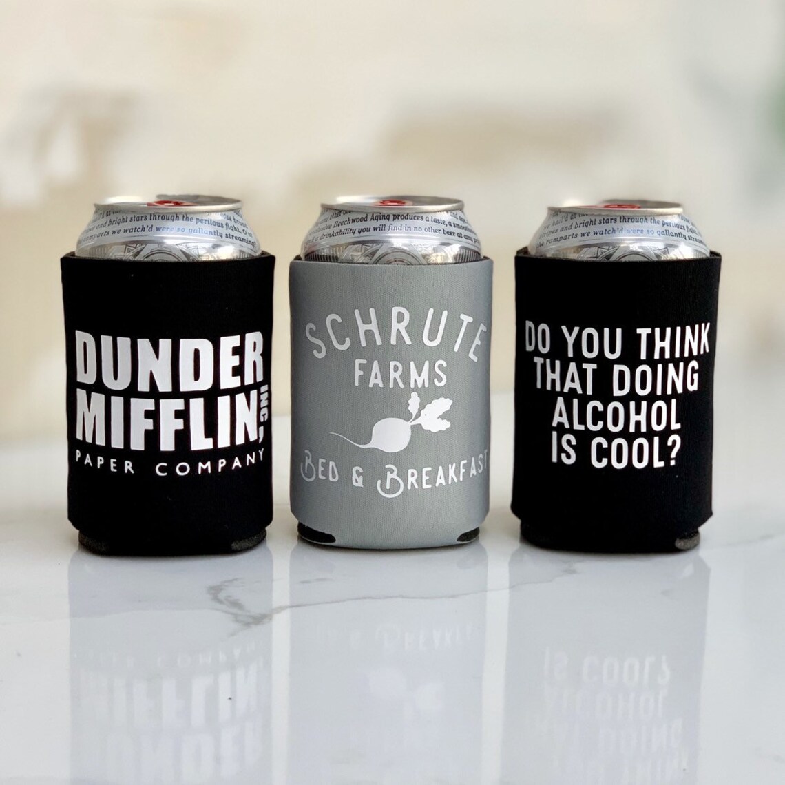 Schrute Farms or Dunder Mifflin Beer Can Coolers Etsy